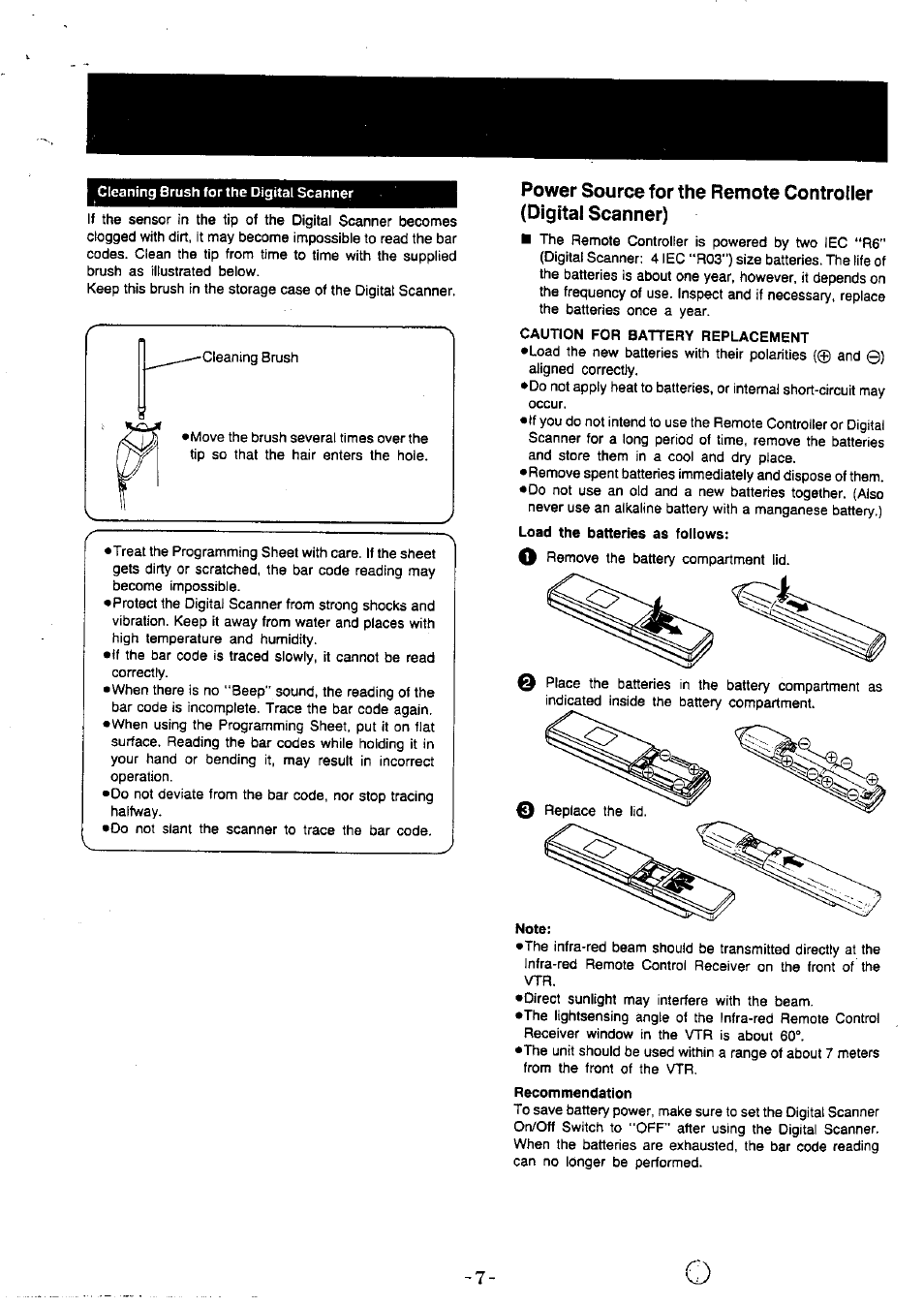 Caution for battery replacement, Load the batteries as follows, Recommendation | Panasonic NVG40 User Manual | Page 7 / 26