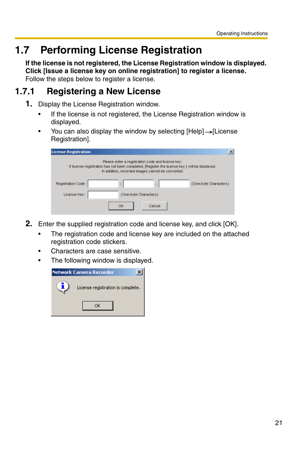 7 performing license registration, 1 registering a new license | Panasonic BB-HNP11CE User Manual | Page 21 / 101