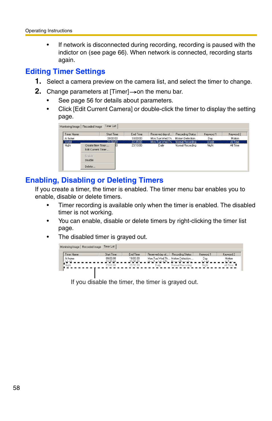Editing timer settings 1, Enabling, disabling or deleting timers | Panasonic BB-HNP11CE User Manual | Page 58 / 101