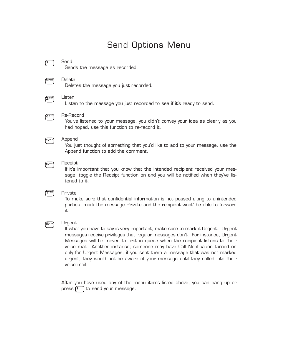 Send options menu | Panasonic 8TUV User Manual | Page 42 / 46