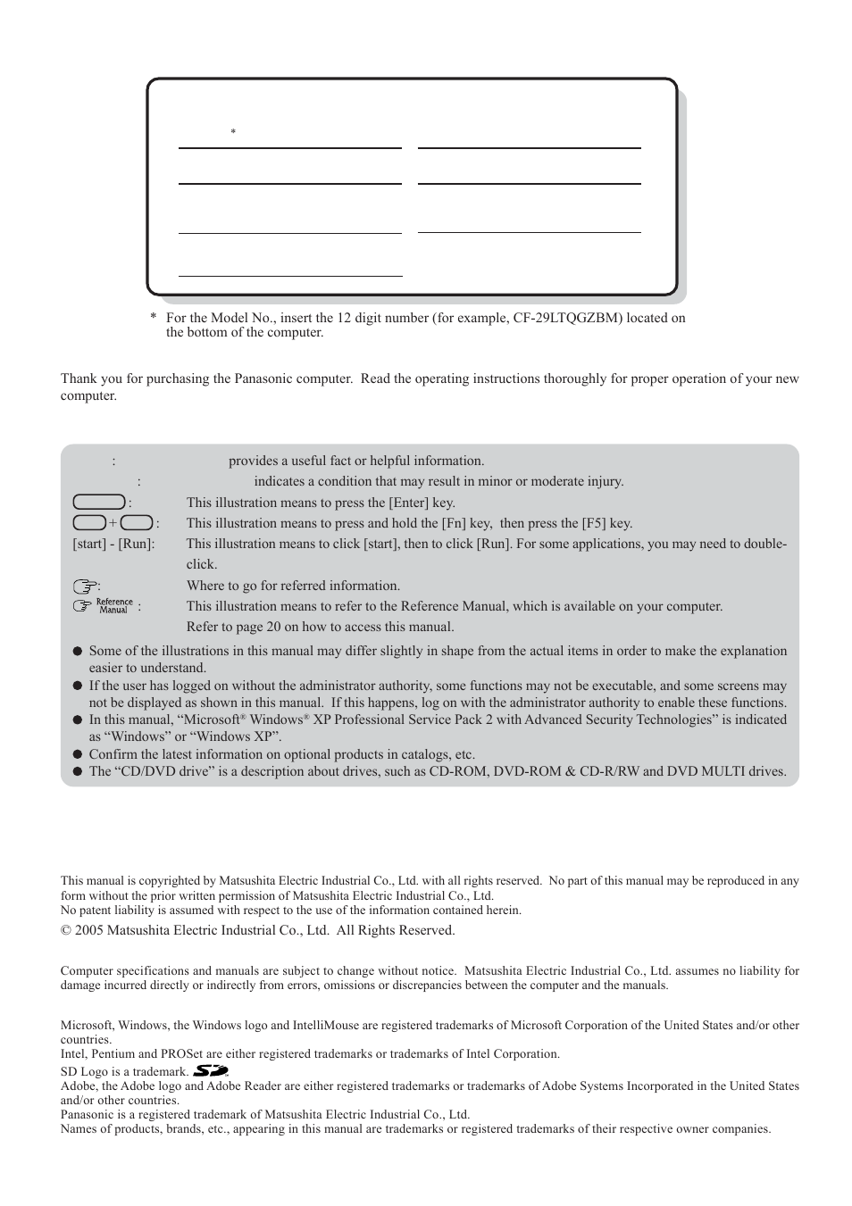 Customer's record, Getting star ted | Panasonic CF-29 Series User Manual | Page 2 / 48