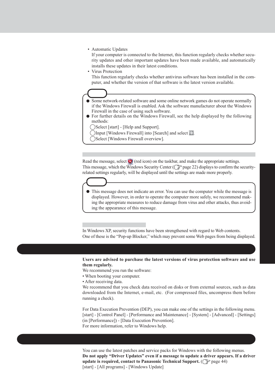 The pop-up blocker, Computer viruses windows update | Panasonic CF-29 Series User Manual | Page 23 / 48