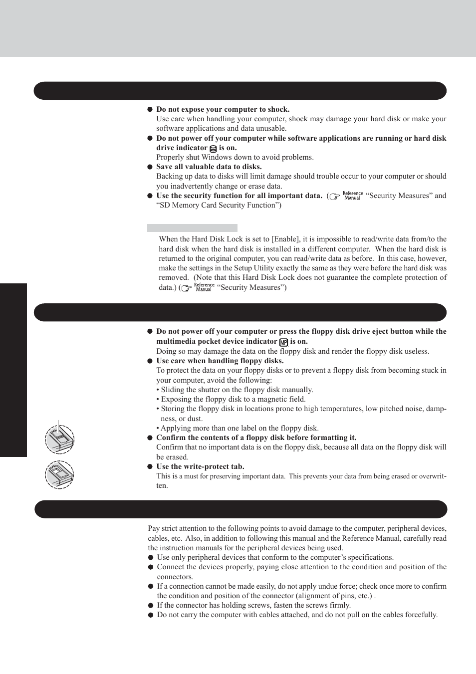 Useful information, When using peripheral devices, Saving data on floppy disks | Saving data on the hard disk, Hard disk lock | Panasonic CF-29 Series User Manual | Page 24 / 48