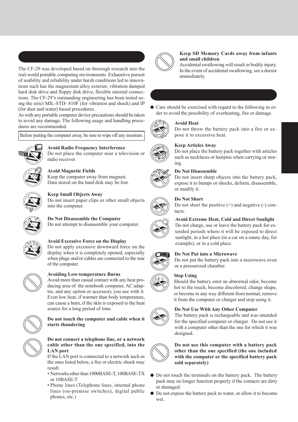 Precautions, Precautions (battery pack) | Panasonic CF-29 Series User Manual | Page 7 / 48