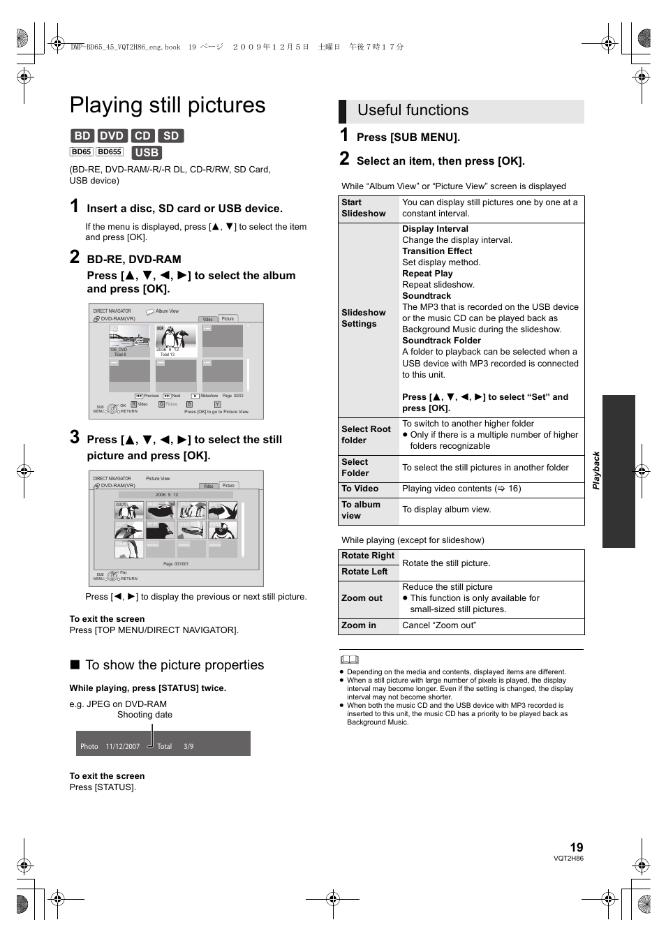Playing still pictures, Useful functions, Bd dvd cd sd usb | Insert a disc, sd card or usb device, Press [sub menu, Select an item, then press [ok | Panasonic DMP-BD45 User Manual | Page 19 / 44