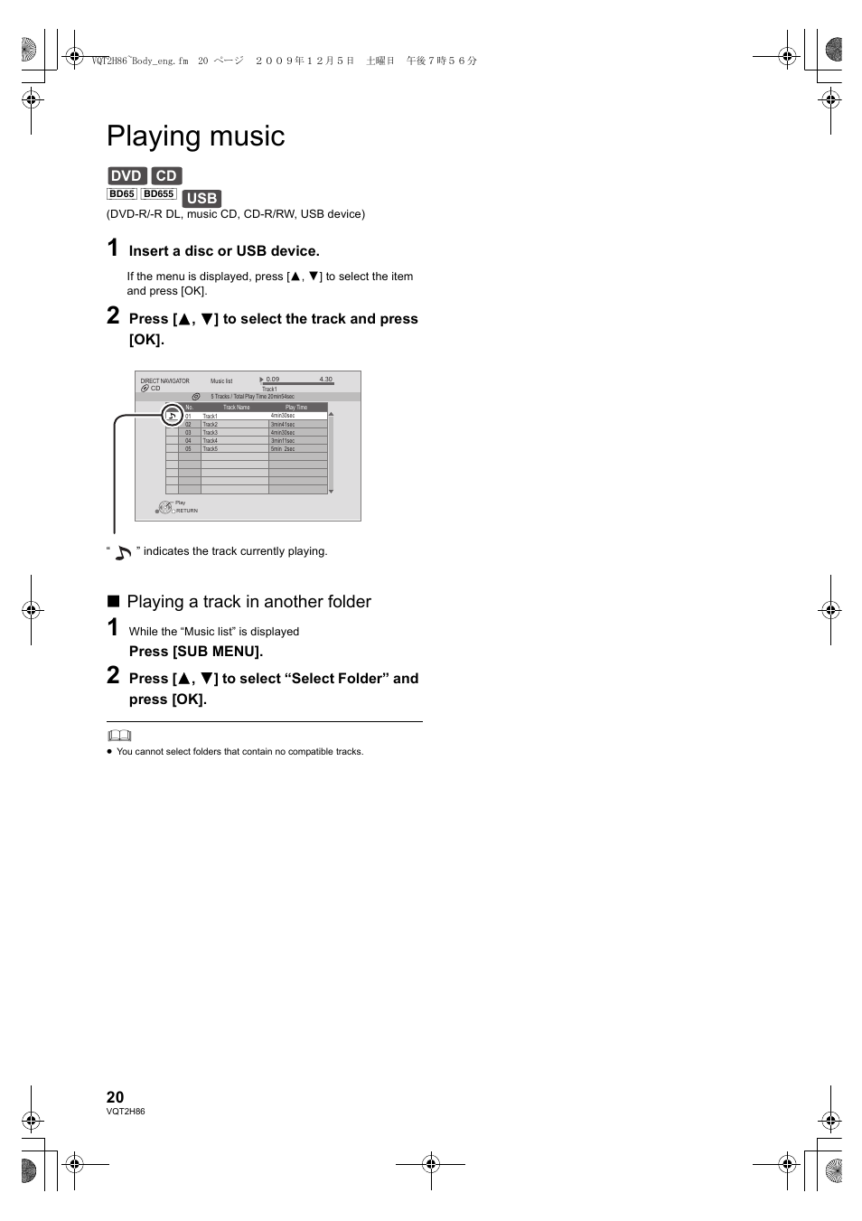 Playing music, Playing a track in another folder | Panasonic DMP-BD45 User Manual | Page 20 / 44