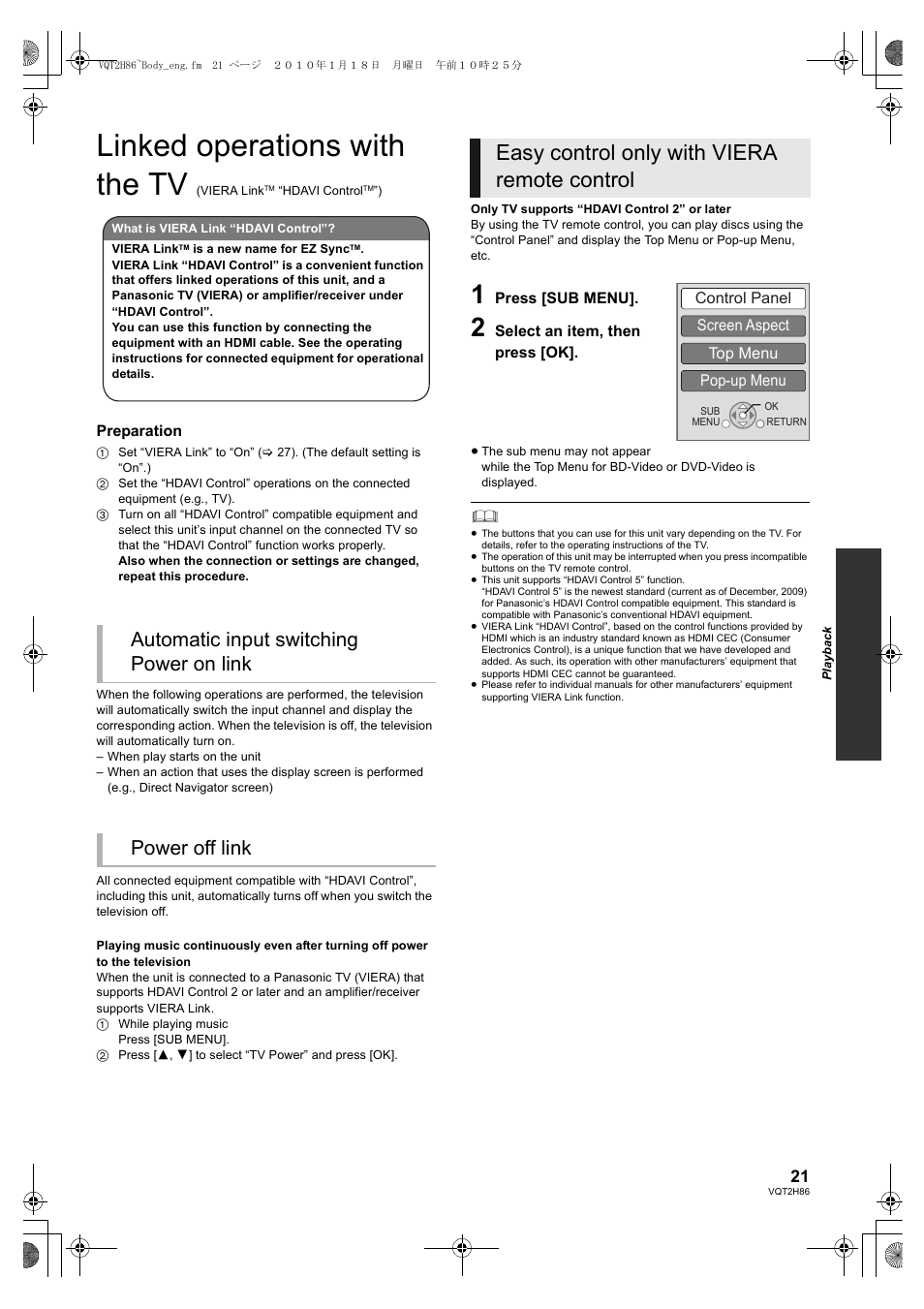 Linked operations with the tv, Easy control only with viera remote control | Panasonic DMP-BD45 User Manual | Page 21 / 44