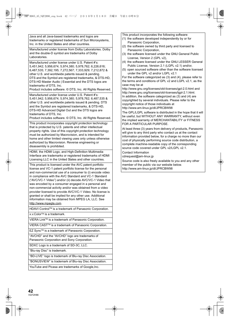 Panasonic DMP-BD45 User Manual | Page 42 / 44