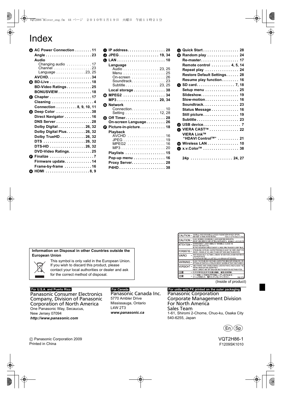 Index | Panasonic DMP-BD45 User Manual | Page 44 / 44