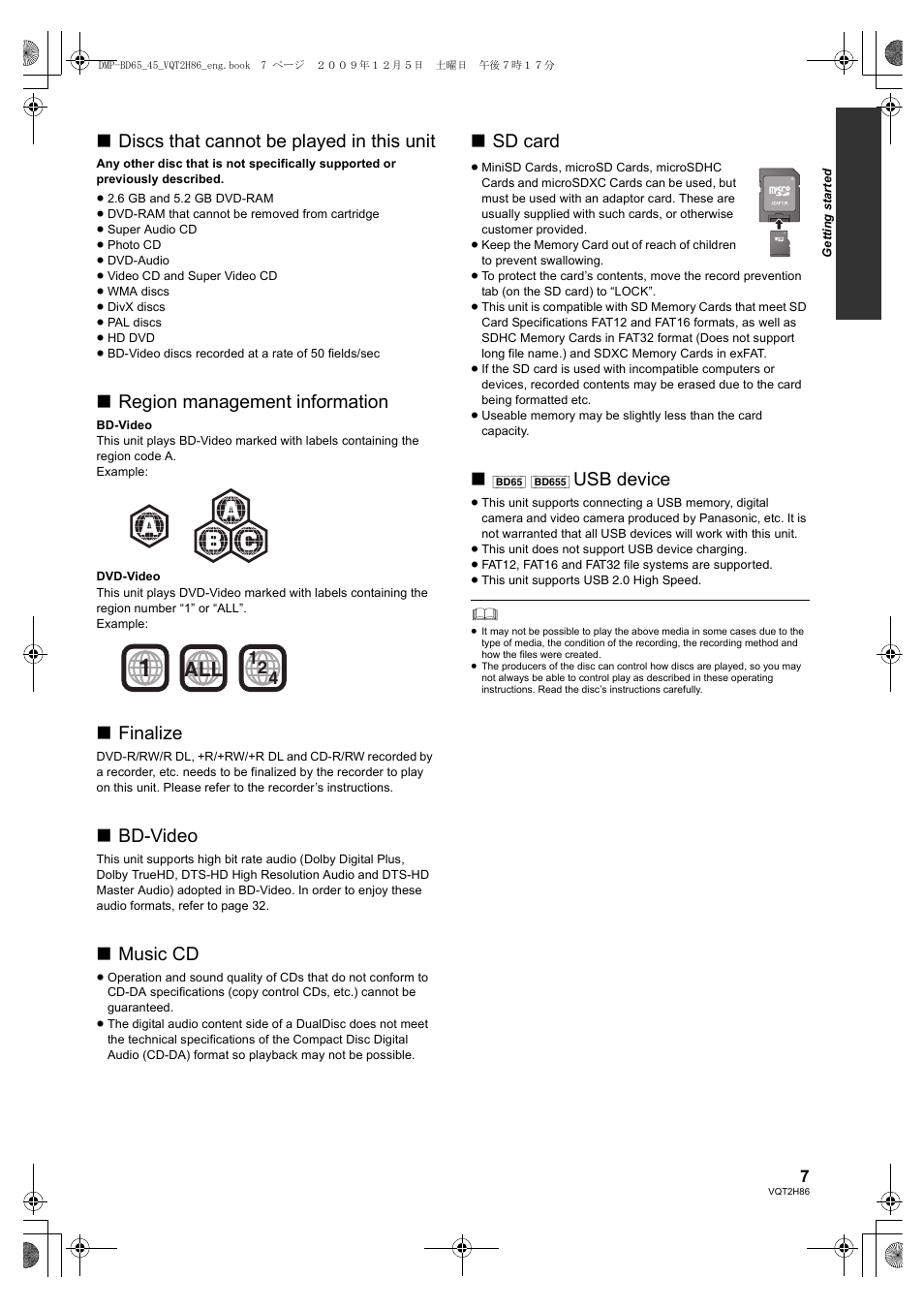 Discs that cannot be played in this unit, Region management information, Finalize | Bd-video, Music cd, Sd card, Usb device | Panasonic DMP-BD45 User Manual | Page 7 / 44