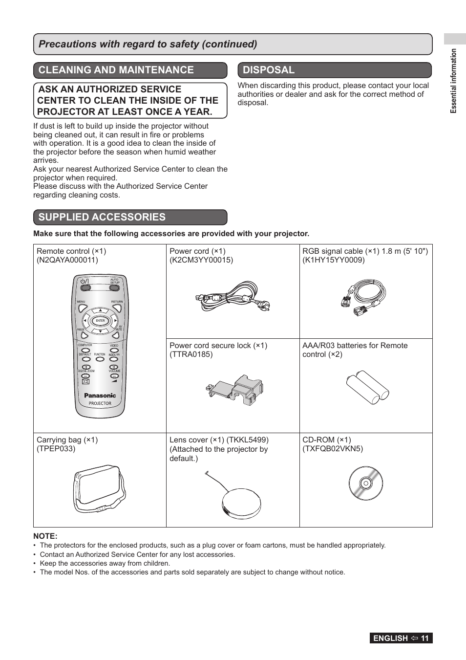 Cleaning and maintenance, Disposal | Panasonic TQBJ0323-1 User Manual | Page 11 / 59