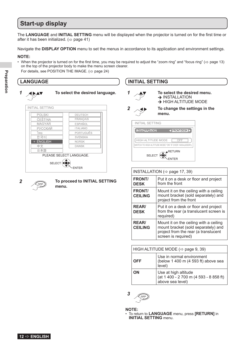 Preparation, Start-up display, Language initial setting preparation | Panasonic TQBJ0323-1 User Manual | Page 12 / 59