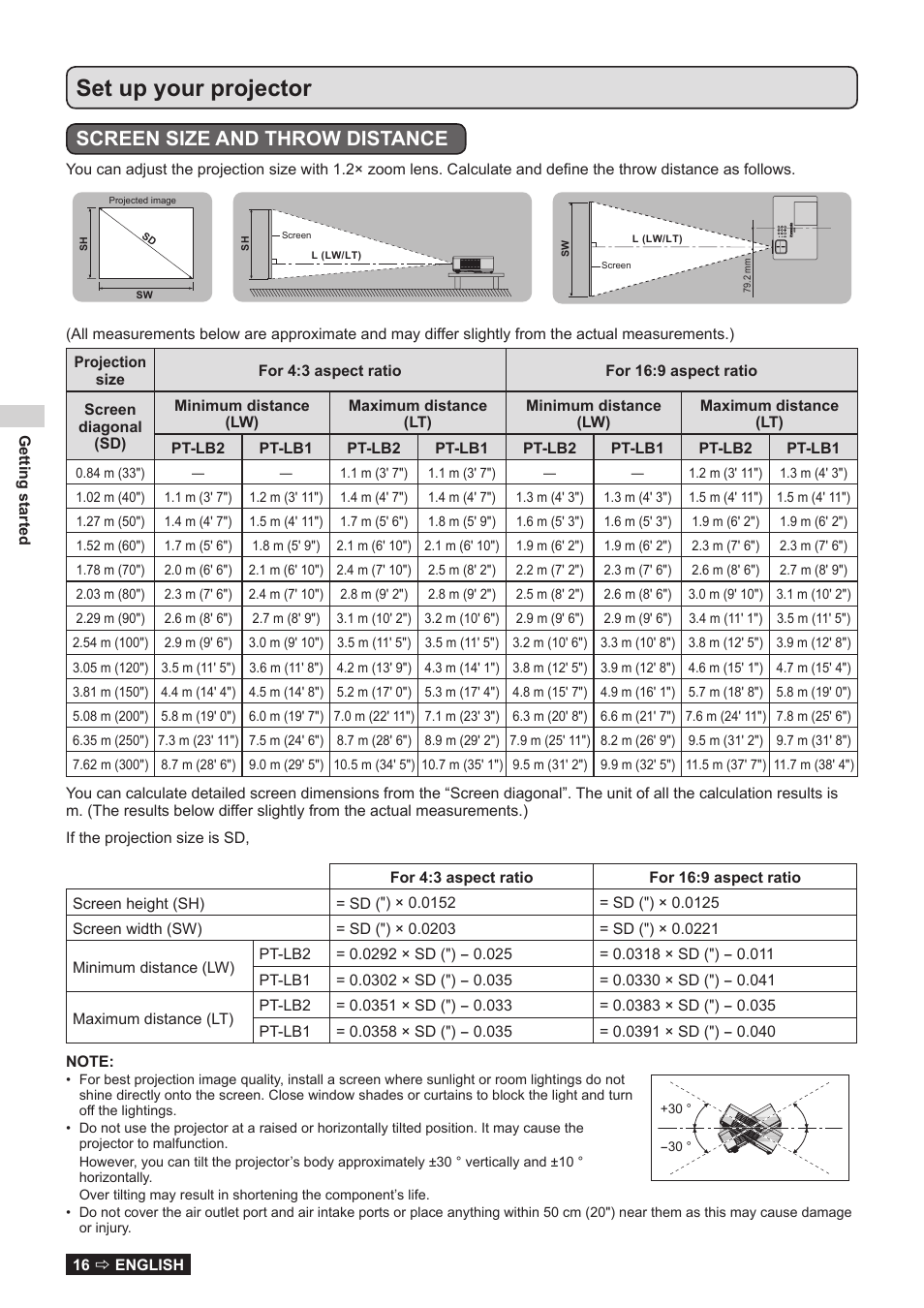 Getting started, Set up your projector, Screen size and throw distance | Panasonic TQBJ0323-1 User Manual | Page 16 / 59