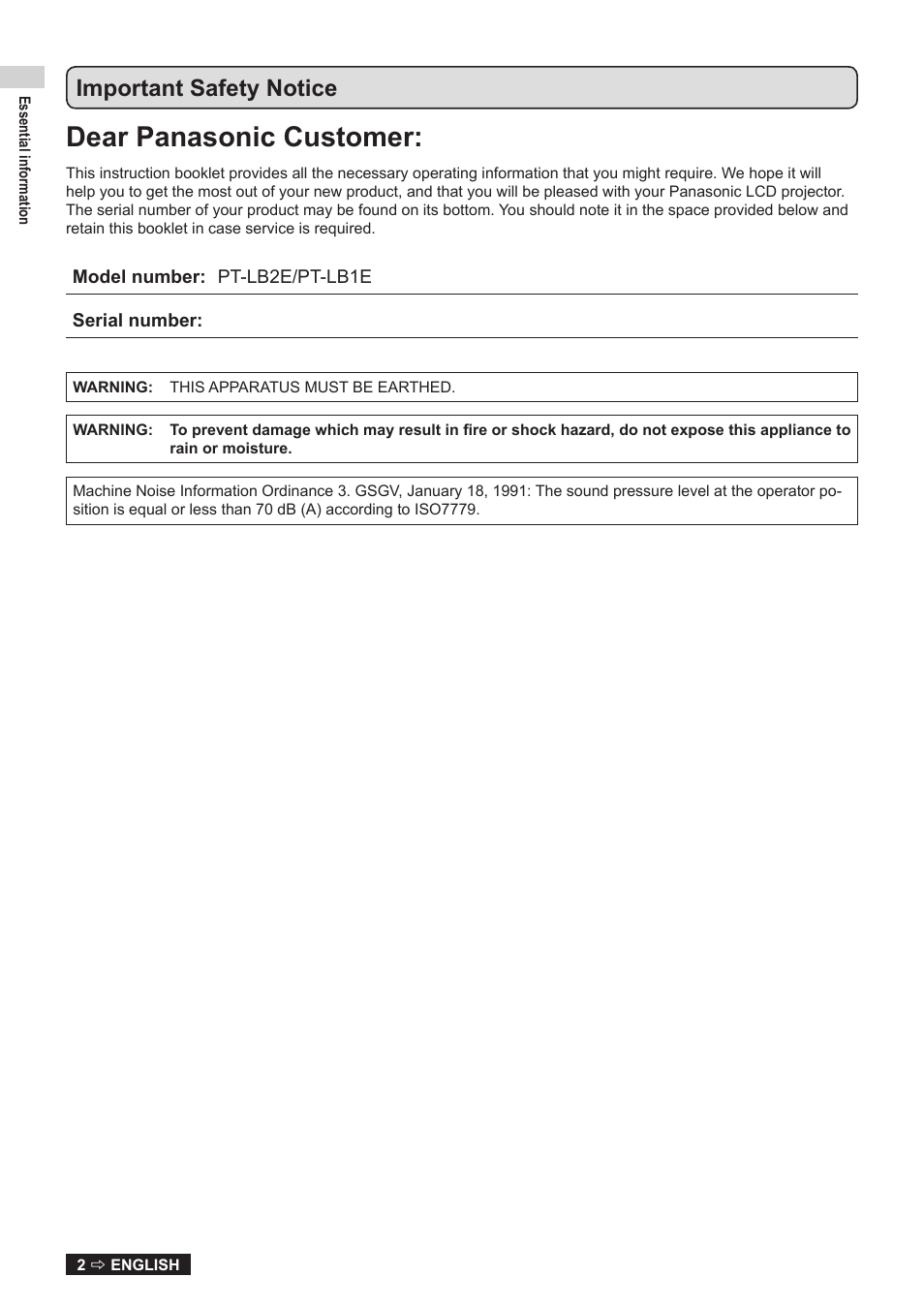 Essential information, Important safety notice, Dear panasonic customer | Panasonic TQBJ0323-1 User Manual | Page 2 / 59