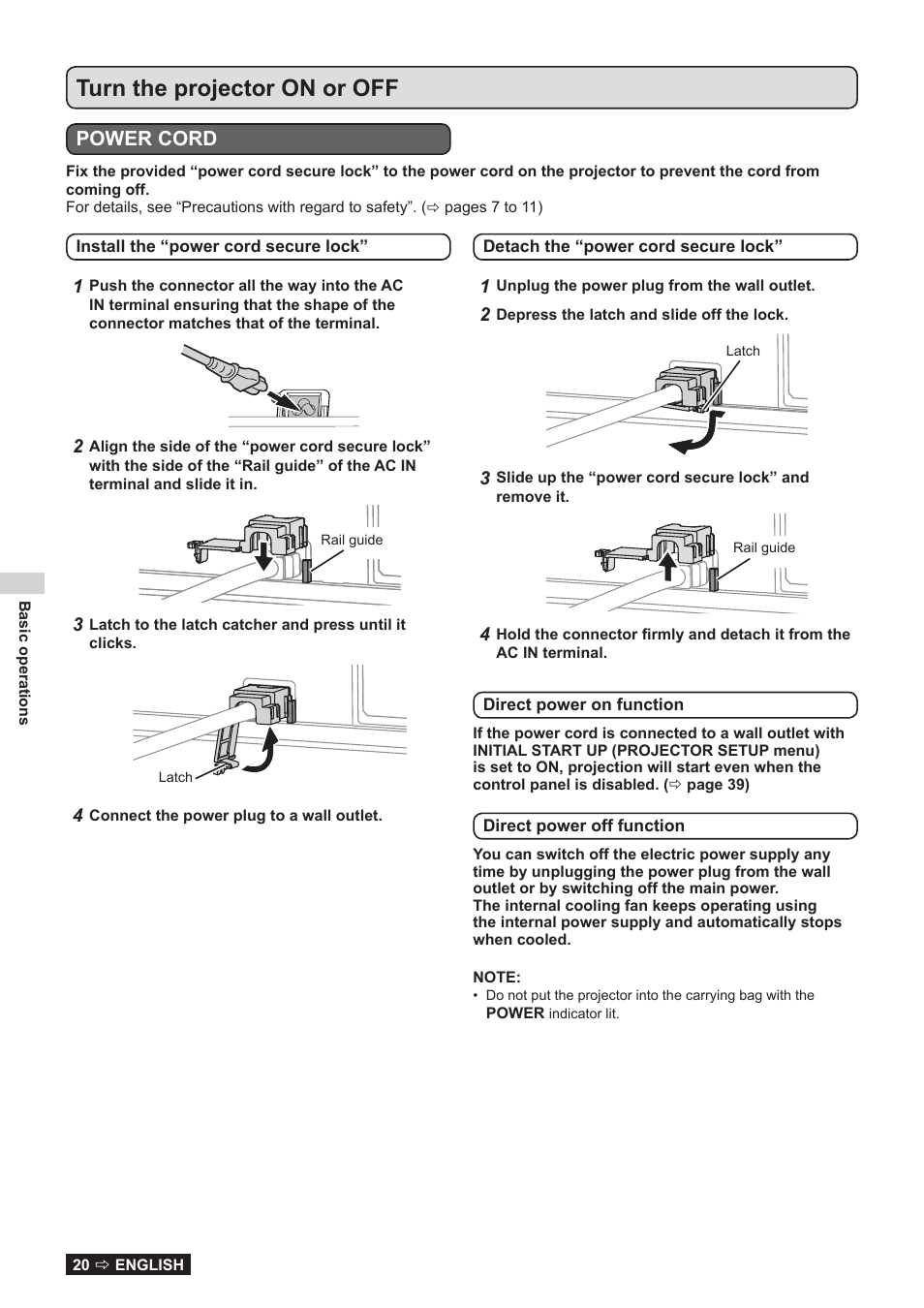 Basic operations, Turn the projector on or off, Power cord | Panasonic TQBJ0323-1 User Manual | Page 20 / 59