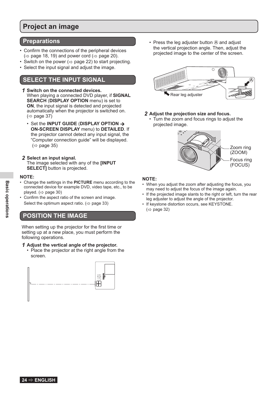 Project an image, For details, see position the image, Preparations | Select the input signal, Position the image | Panasonic TQBJ0323-1 User Manual | Page 24 / 59