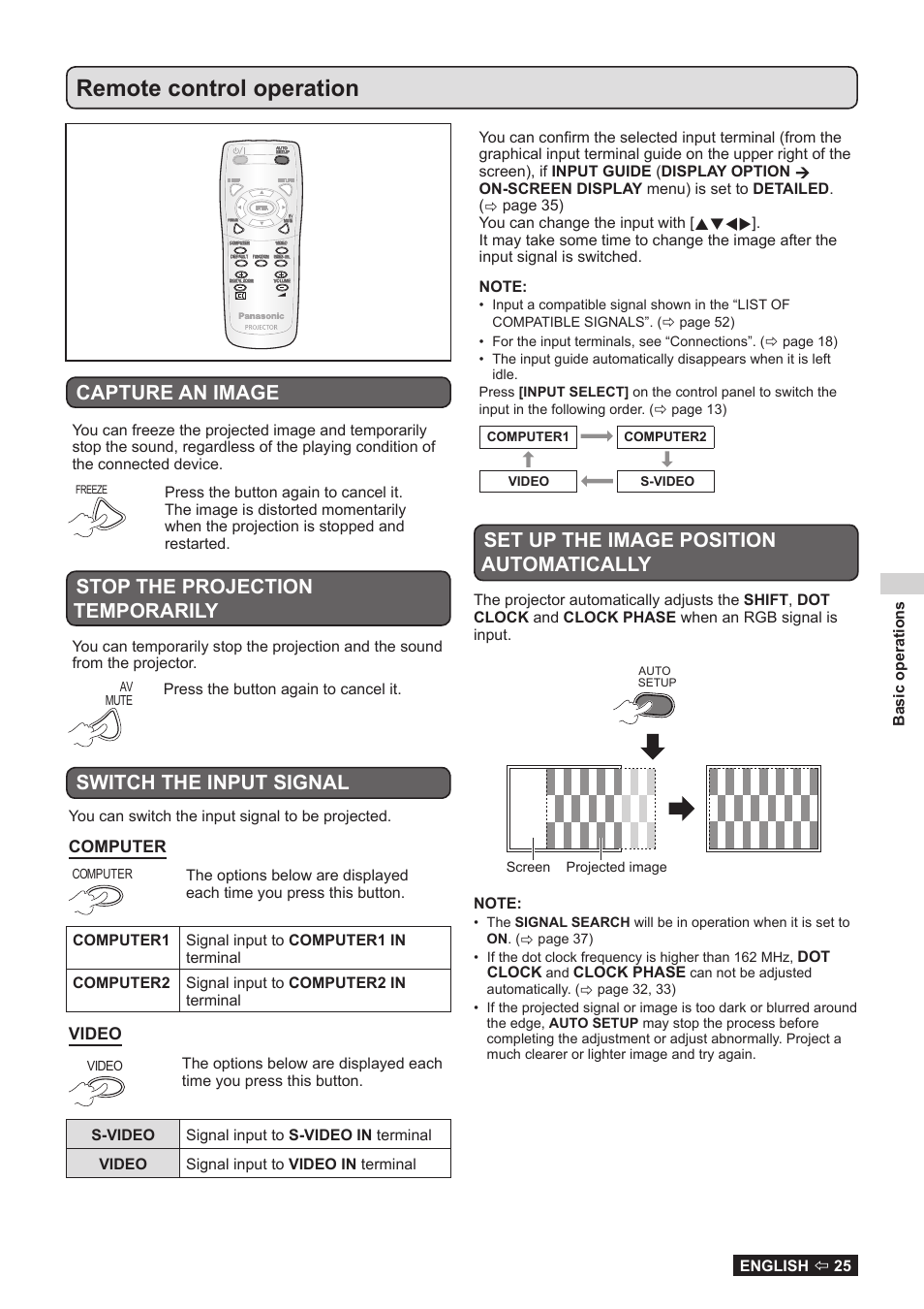 Remote control operation, Stop the projection temporarily, Switch the input signal | Capture an image, Set up the image position automatically | Panasonic TQBJ0323-1 User Manual | Page 25 / 59