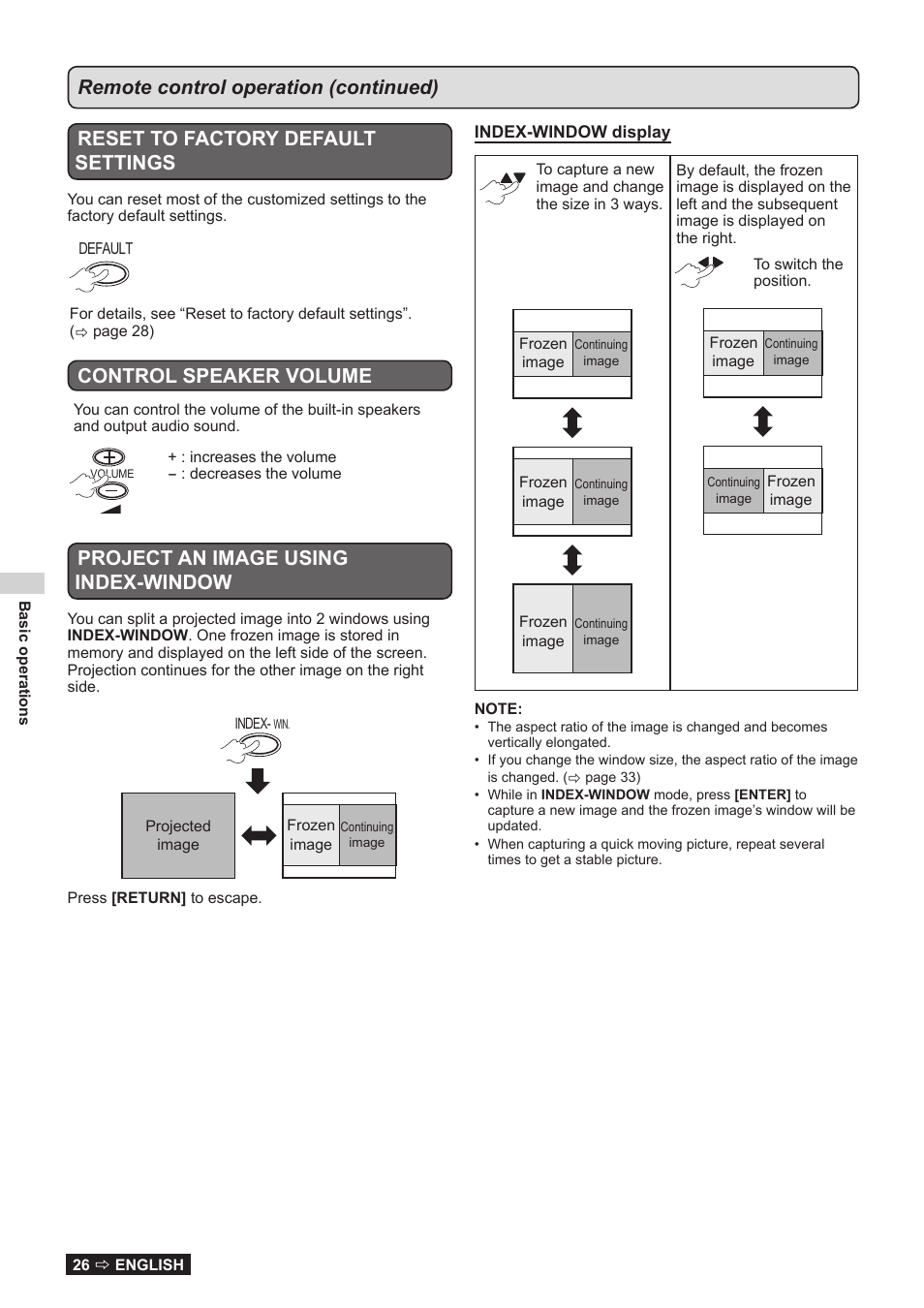 Control speaker volume, Project an image using index-window | Panasonic TQBJ0323-1 User Manual | Page 26 / 59