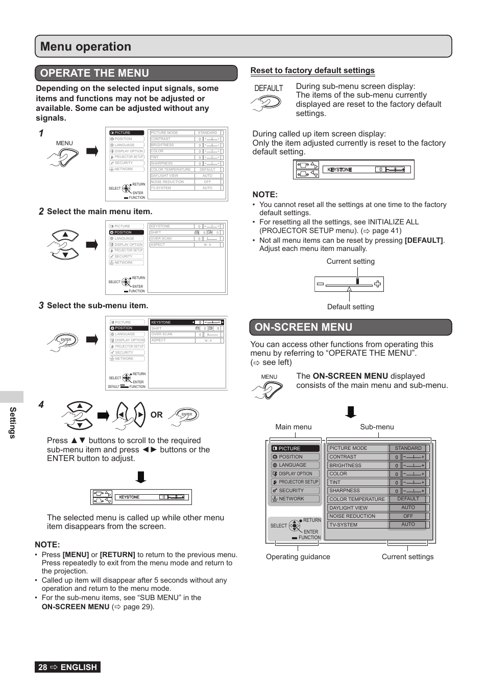 Settings, Menu operation, See “reset to factory default settings | Operate the, On-screen menu, Operate the menu, Settings 28  english, Select the main menu item, Select the sub-menu item | Panasonic TQBJ0323-1 User Manual | Page 28 / 59