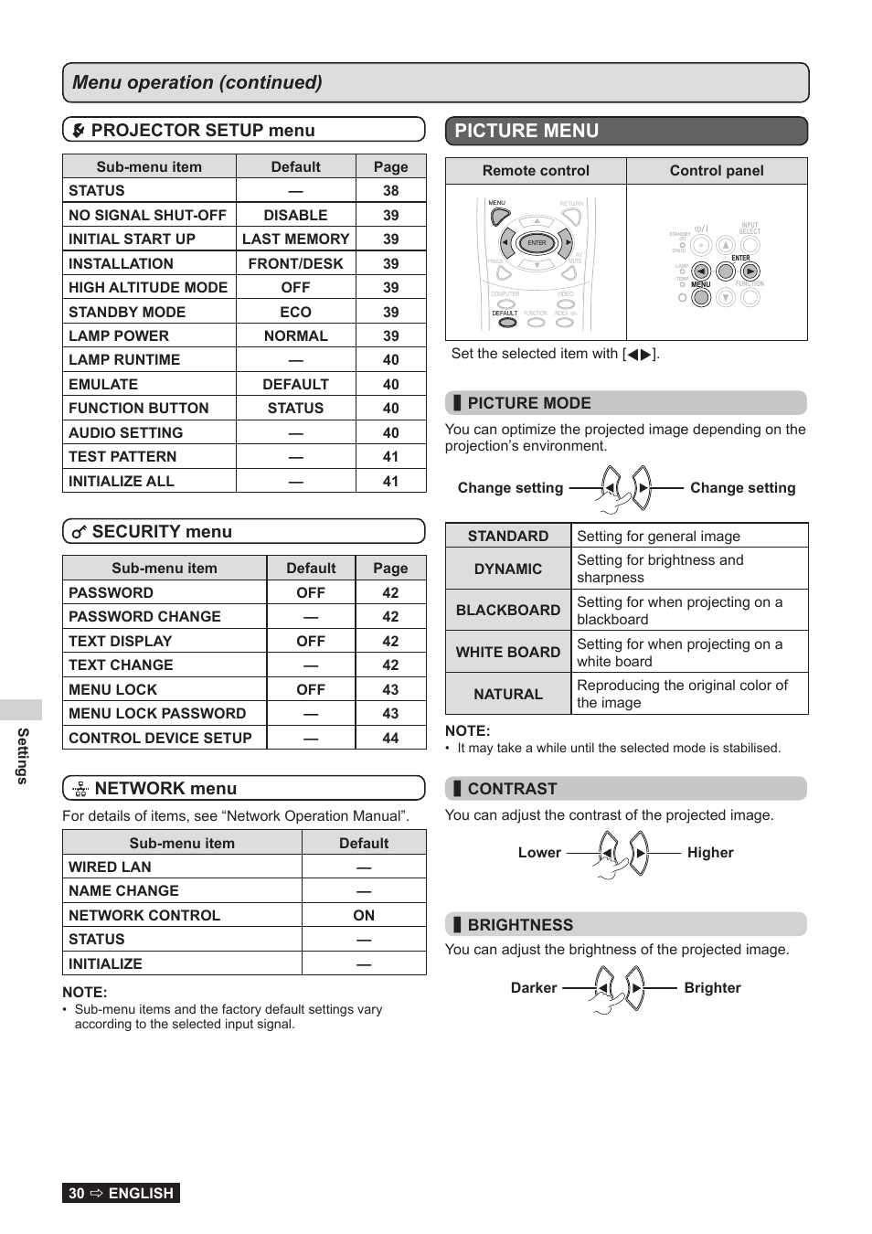 Picture menu, Played, Menu operation (continued) | Projector setup menu, Security menu, Network menu, Picture mode, Contrast, Brightness | Panasonic TQBJ0323-1 User Manual | Page 30 / 59