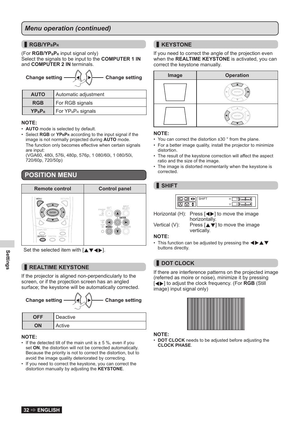 Position menu, Menu operation (continued), Rgb/yp | Realtime keystone, Keystone, Shift, Dot clock, Settings 32  english, For rgb/yp, For yp | Panasonic TQBJ0323-1 User Manual | Page 32 / 59