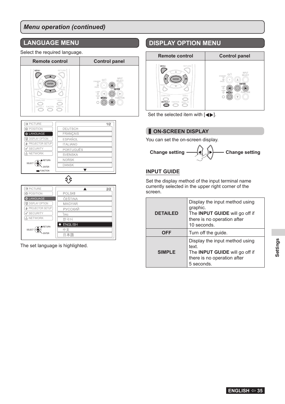 Language menu, Display option menu, Menu operation (continued) language menu | On-screen display, Input guide, Settings english  35, The set language is highlighted, Remote control control panel, Set the selected item with | Panasonic TQBJ0323-1 User Manual | Page 35 / 59