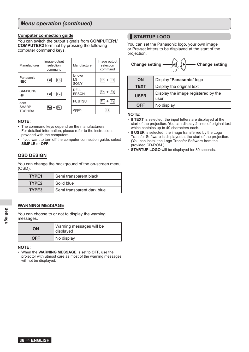 Displayed. see startup logo in display, Menu operation (continued) | Panasonic TQBJ0323-1 User Manual | Page 36 / 59