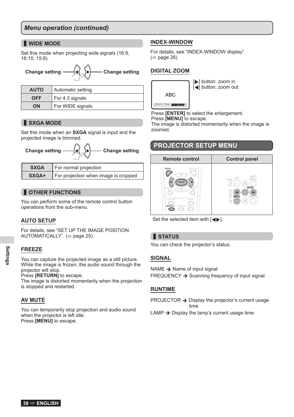 Projector setup menu, Menu operation (continued), Wide mode | Sxga mode, Other functions, Auto setup, Freeze, Av mute, Index-window, Digital zoom | Panasonic TQBJ0323-1 User Manual | Page 38 / 59