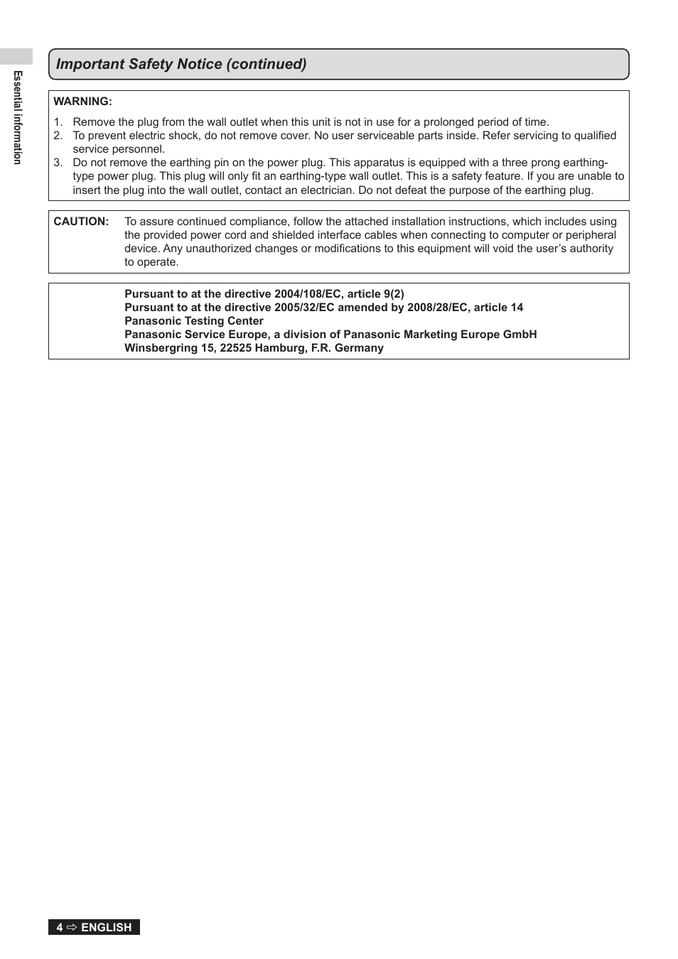 Important safety notice (continued) | Panasonic TQBJ0323-1 User Manual | Page 4 / 59