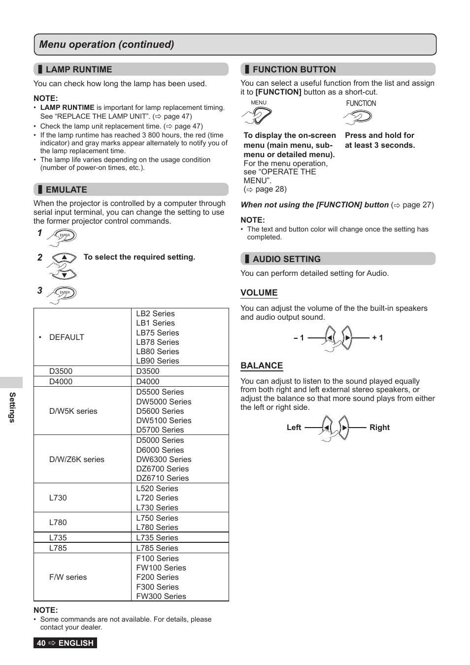 See function button in projector, Setup menu, Menu operation (continued) | Panasonic TQBJ0323-1 User Manual | Page 40 / 59