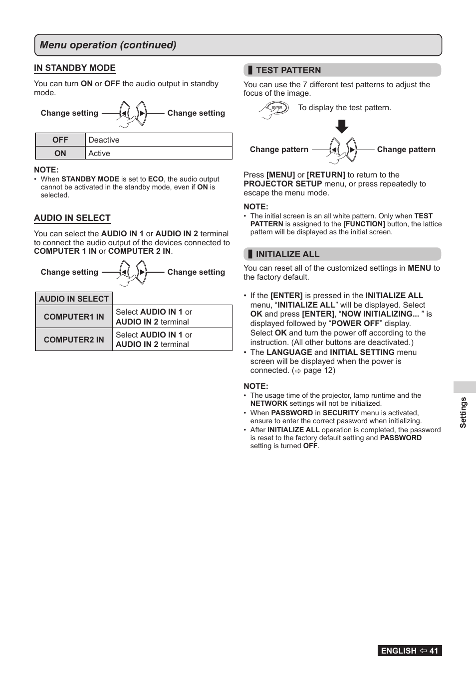 See initialize all, Projector setup menu), Menu operation (continued) | Panasonic TQBJ0323-1 User Manual | Page 41 / 59