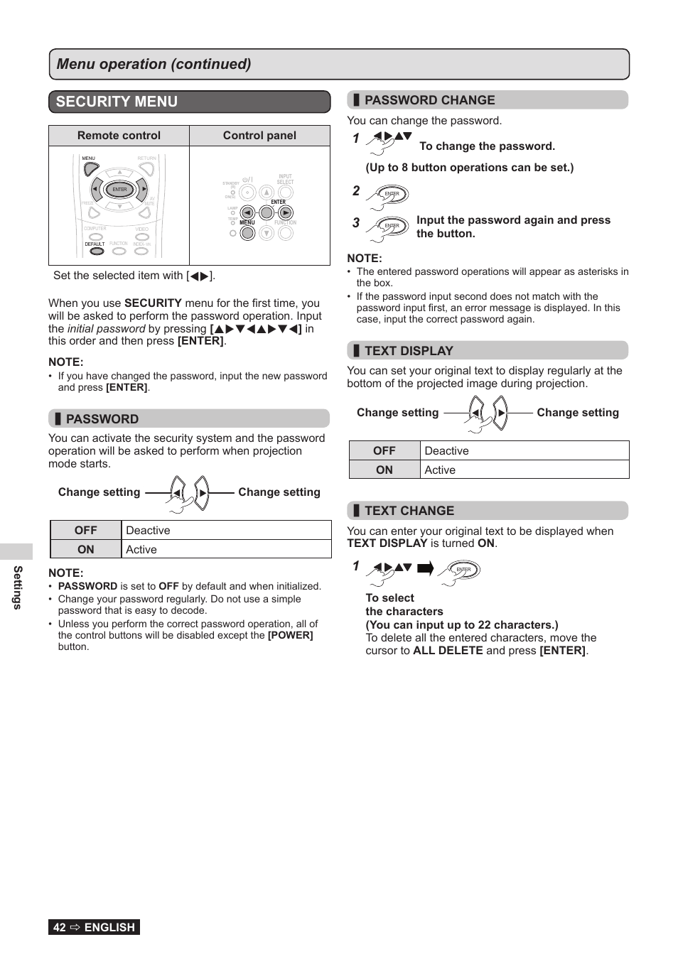 Security menu, Input the password, Menu operation (continued) | Password, Password change, Text display, Text change, Settings 42  english, Remote control control panel, You can change the password | Panasonic TQBJ0323-1 User Manual | Page 42 / 59