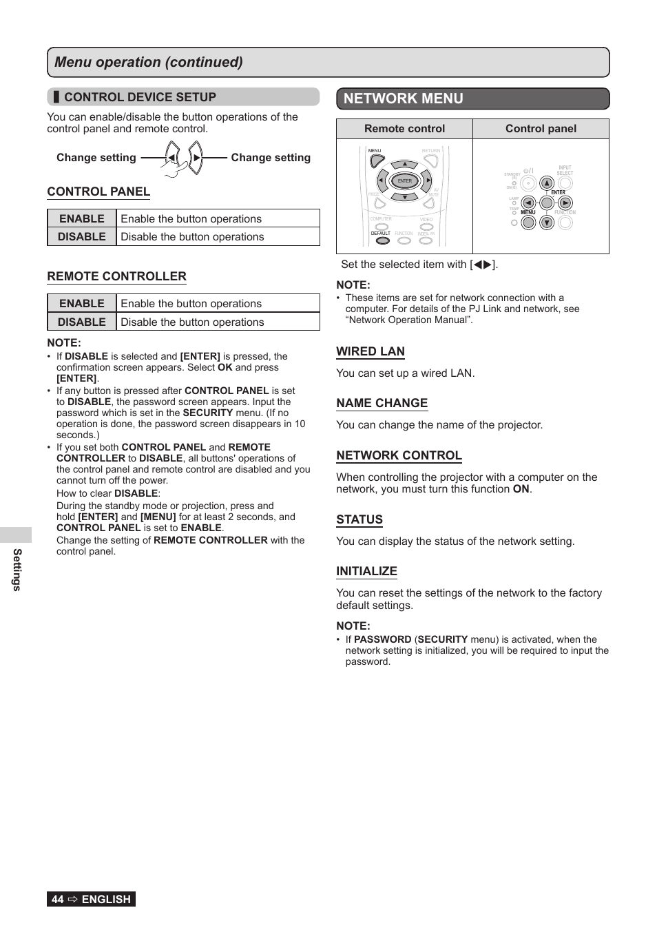 Network menu, Menu operation (continued), Control device setup | Control panel, Remote controller, Wired lan, Name change, Network control, Status, Initialize | Panasonic TQBJ0323-1 User Manual | Page 44 / 59