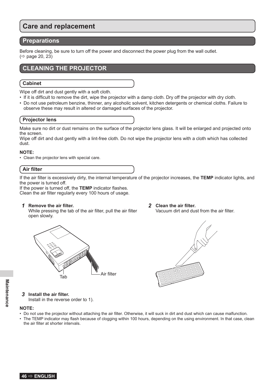 Care and replacement, Preparations, Cleaning the projector | Panasonic TQBJ0323-1 User Manual | Page 46 / 59