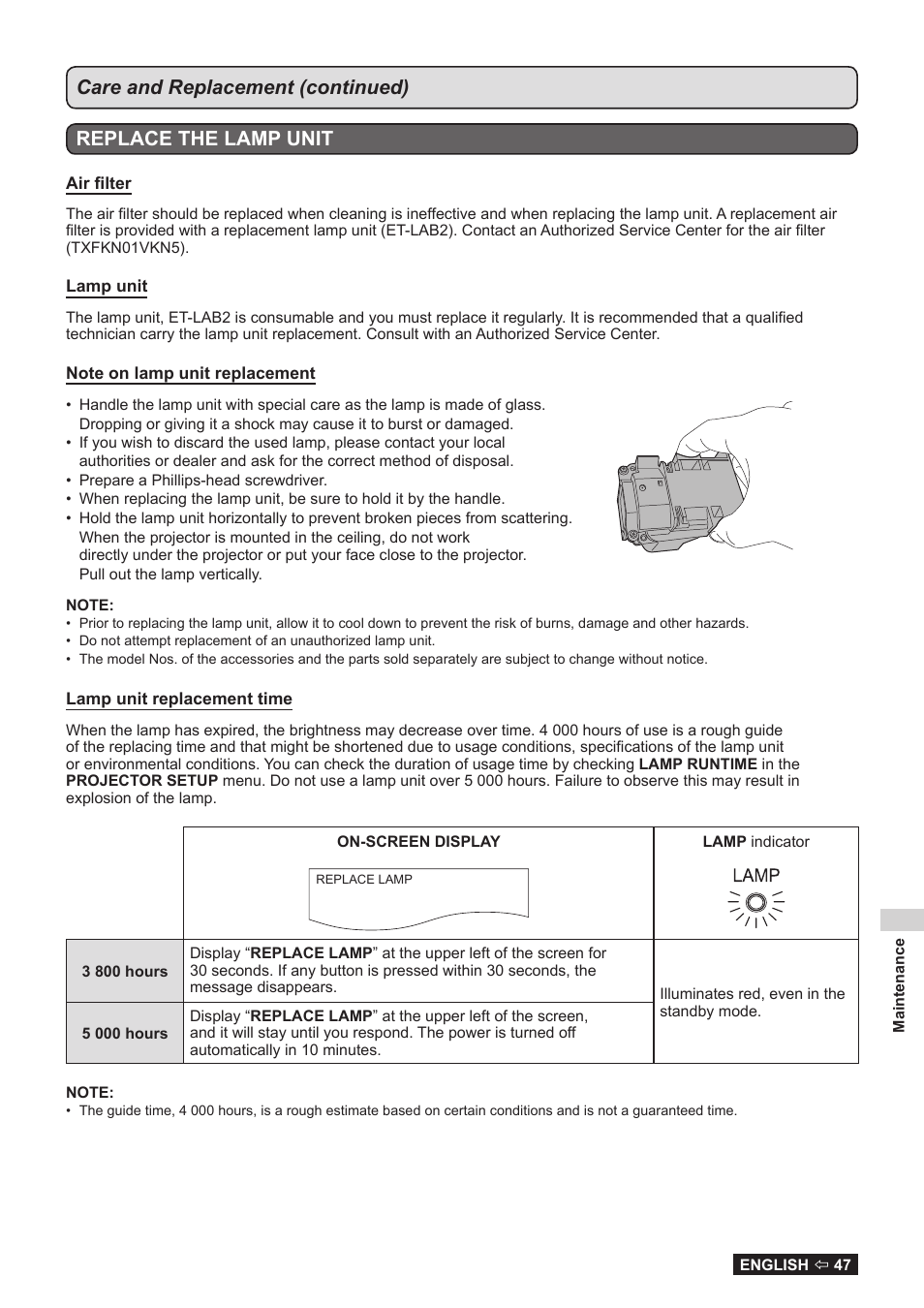 See “replace the lamp unit, Check the lamp unit replacement time, See “replace the | Lamp unit | Panasonic TQBJ0323-1 User Manual | Page 47 / 59