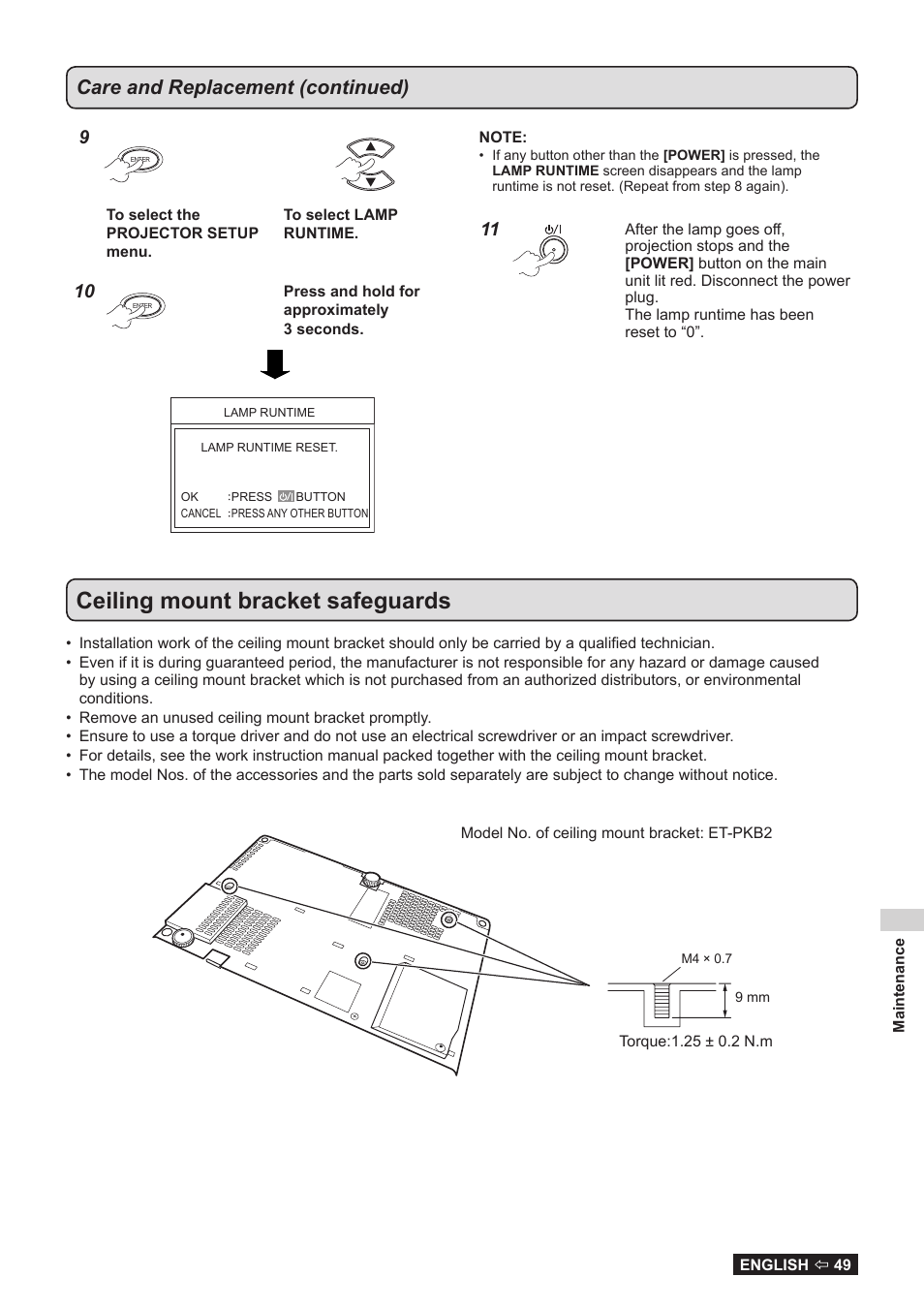 Ceiling mount bracket safeguards, Care and replacement (continued) | Panasonic TQBJ0323-1 User Manual | Page 49 / 59