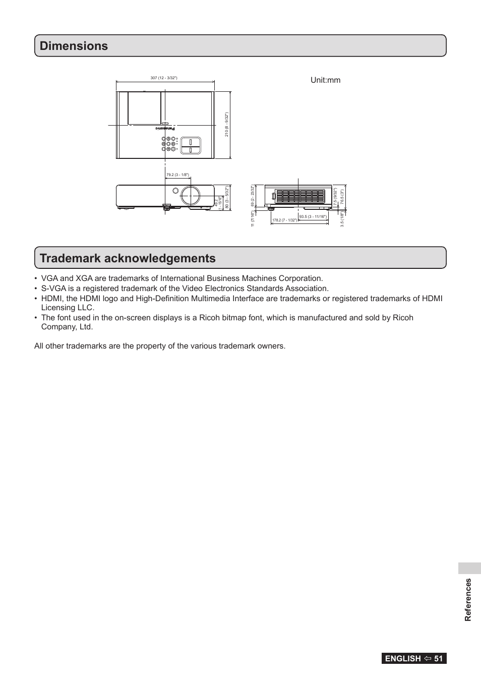 Dimensions, Trademark acknowledgements, References english  51 | Panasonic TQBJ0323-1 User Manual | Page 51 / 59