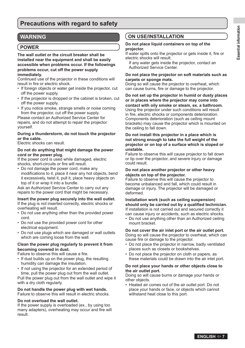 Precautions with regard to safety, Warning | Panasonic TQBJ0323-1 User Manual | Page 7 / 59