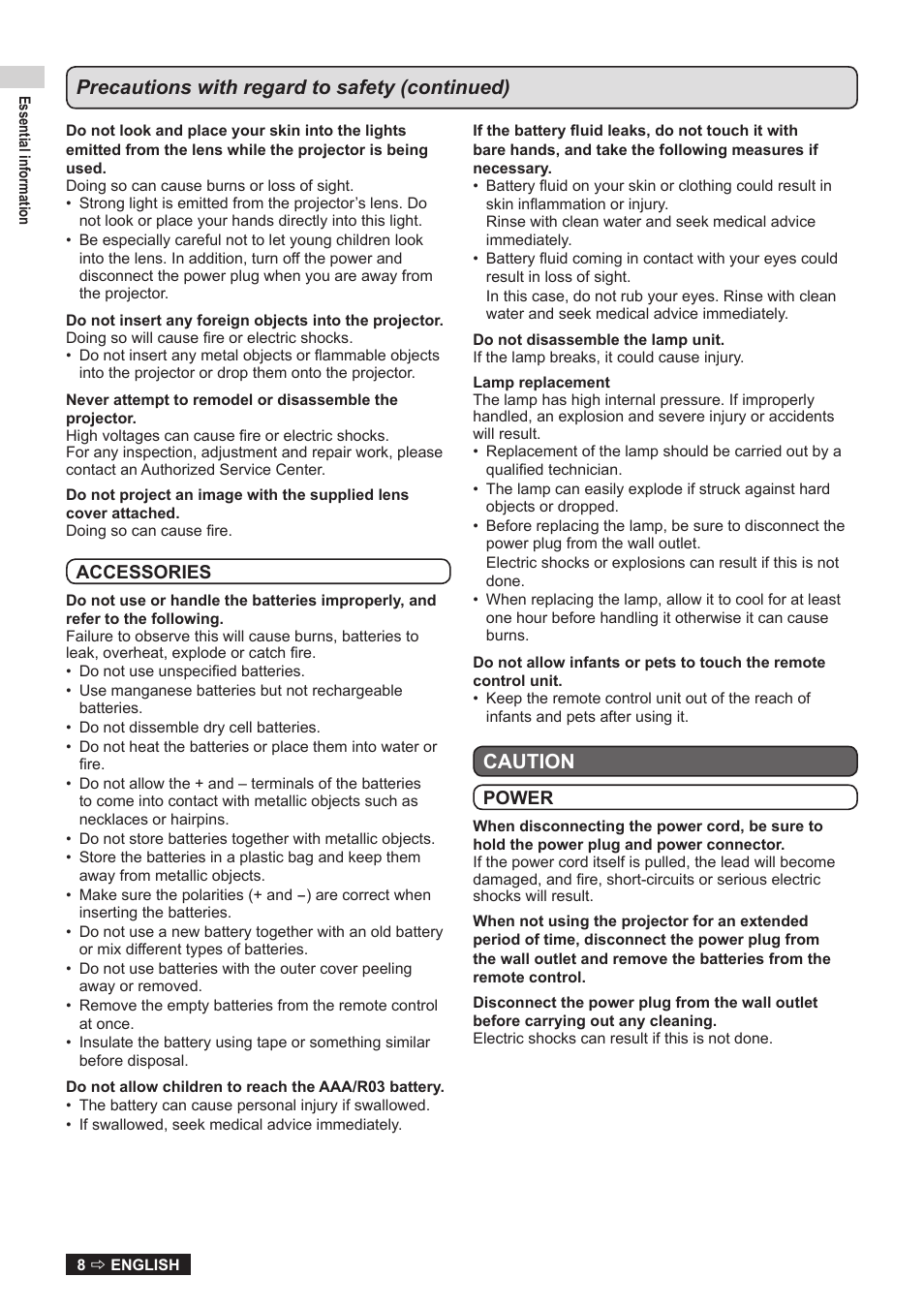 Precautions with regard to safety (continued), Caution | Panasonic TQBJ0323-1 User Manual | Page 8 / 59