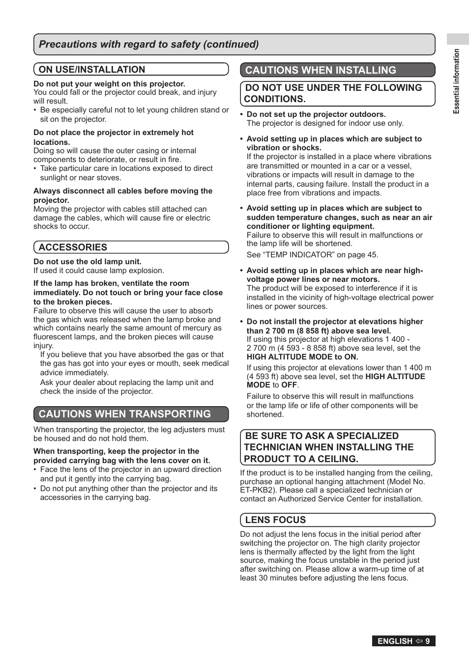 Precautions with regard to safety (continued), Cautions when transporting, Cautions when installing | Panasonic TQBJ0323-1 User Manual | Page 9 / 59