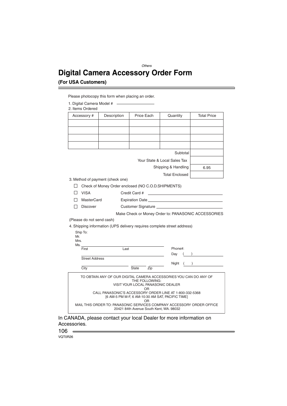 Digital camera accessory order form | Panasonic DMC-FX8PP User Manual | Page 106 / 116