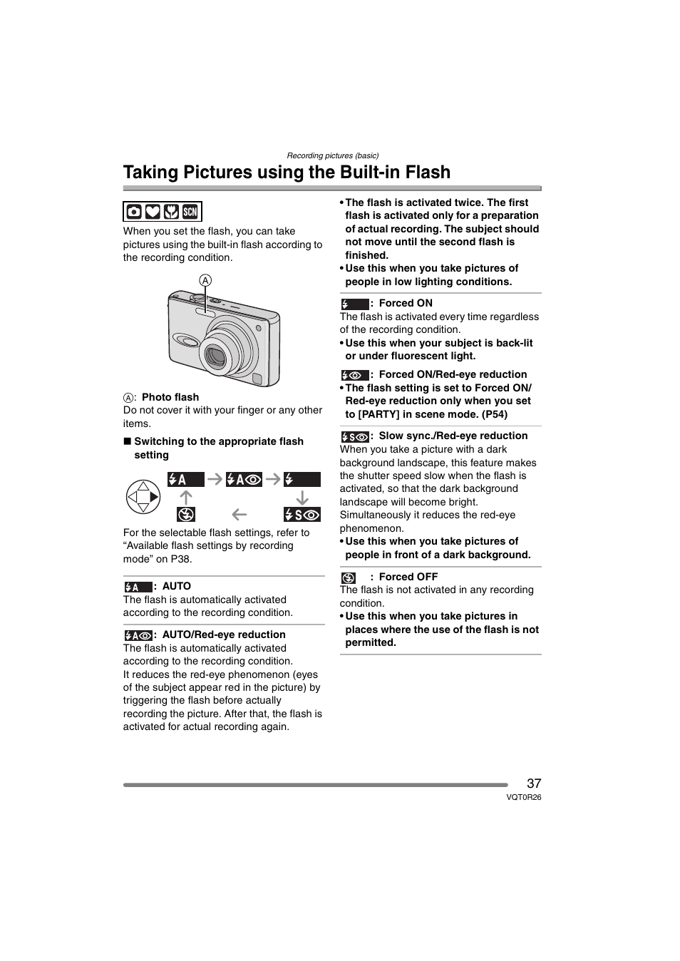 Taking pictures using the built-in flash | Panasonic DMC-FX8PP User Manual | Page 37 / 116