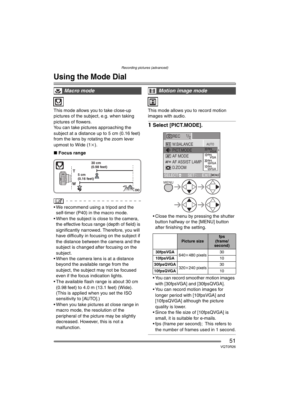 Recording pictures (advanced), Using the mode dial, Macro mode | Motion image mode | Panasonic DMC-FX8PP User Manual | Page 51 / 116