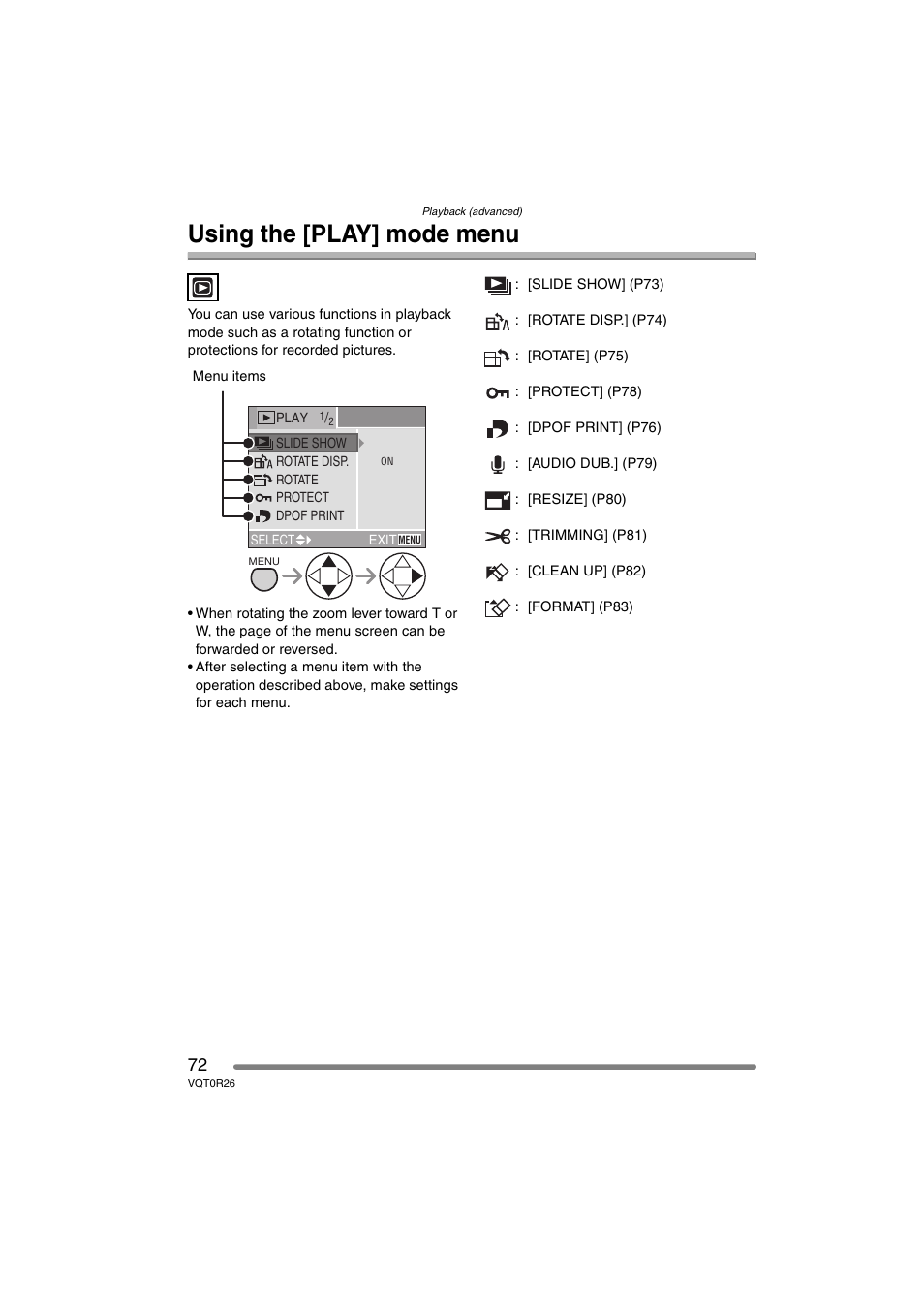 Using the (play) mode menu, Using the [play] mode menu | Panasonic DMC-FX8PP User Manual | Page 72 / 116