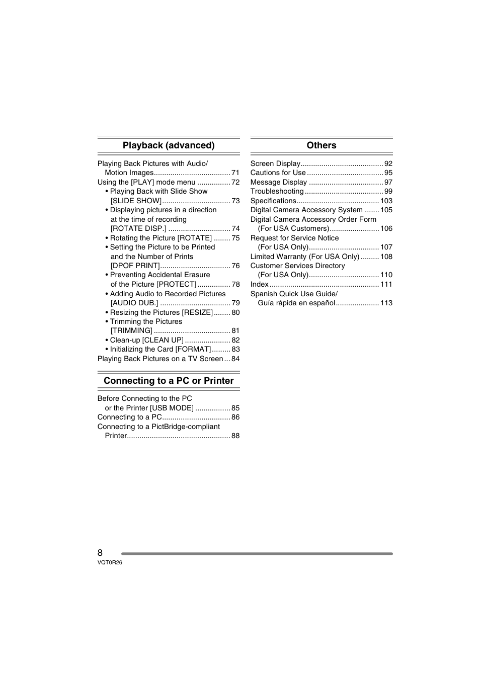 Playback (advanced), Connecting to a pc or printer, Others | Panasonic DMC-FX8PP User Manual | Page 8 / 116