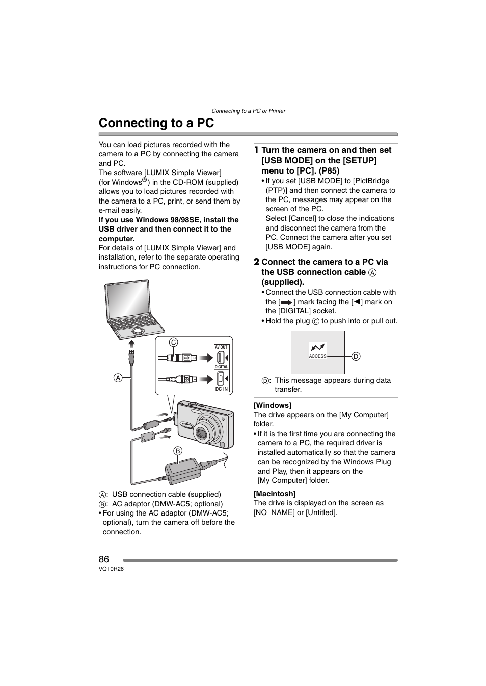 Connecting to a pc | Panasonic DMC-FX8PP User Manual | Page 86 / 116