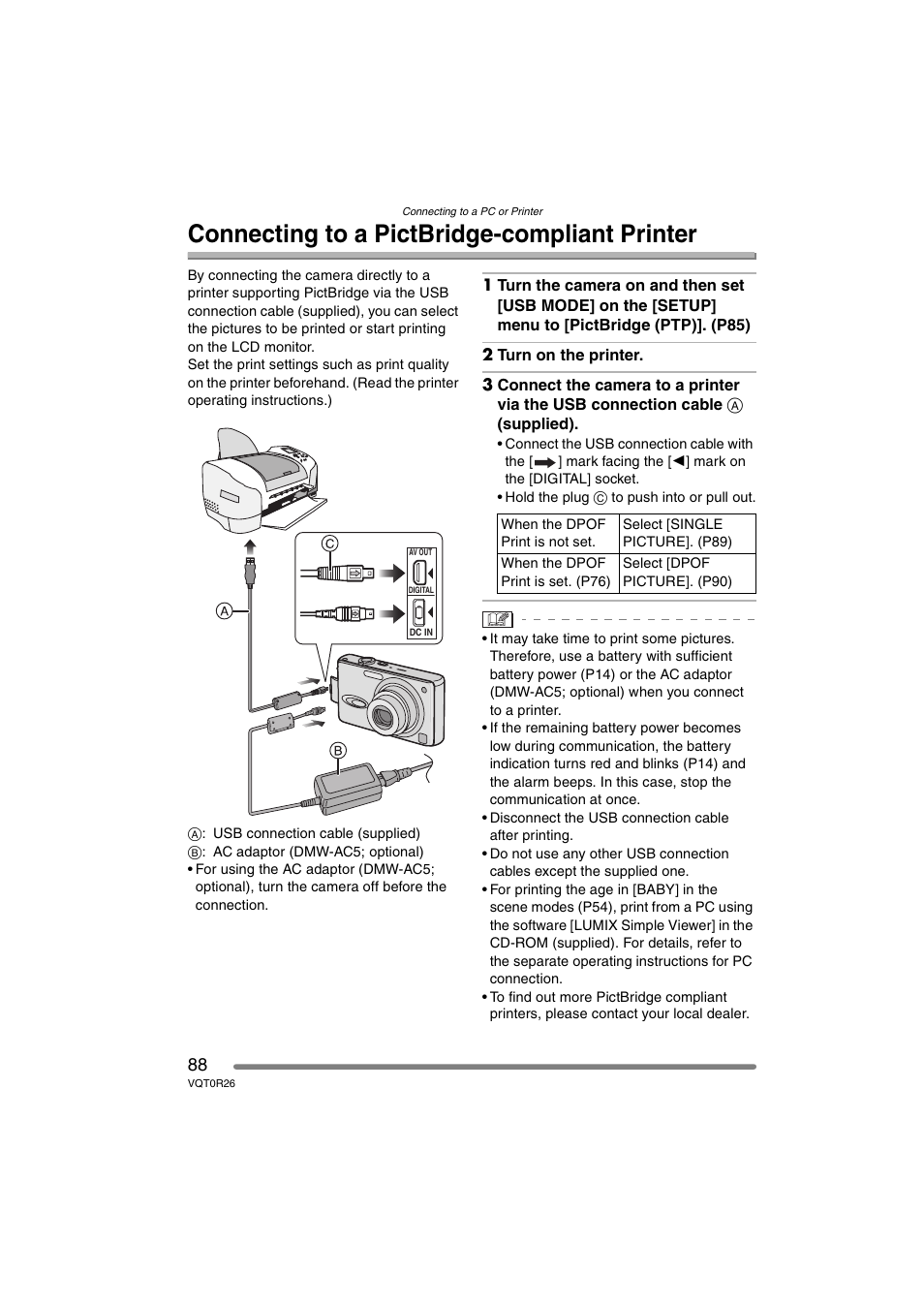 Connecting to pictbride-compliant printer, Connecting to a pictbridge-compliant printer | Panasonic DMC-FX8PP User Manual | Page 88 / 116