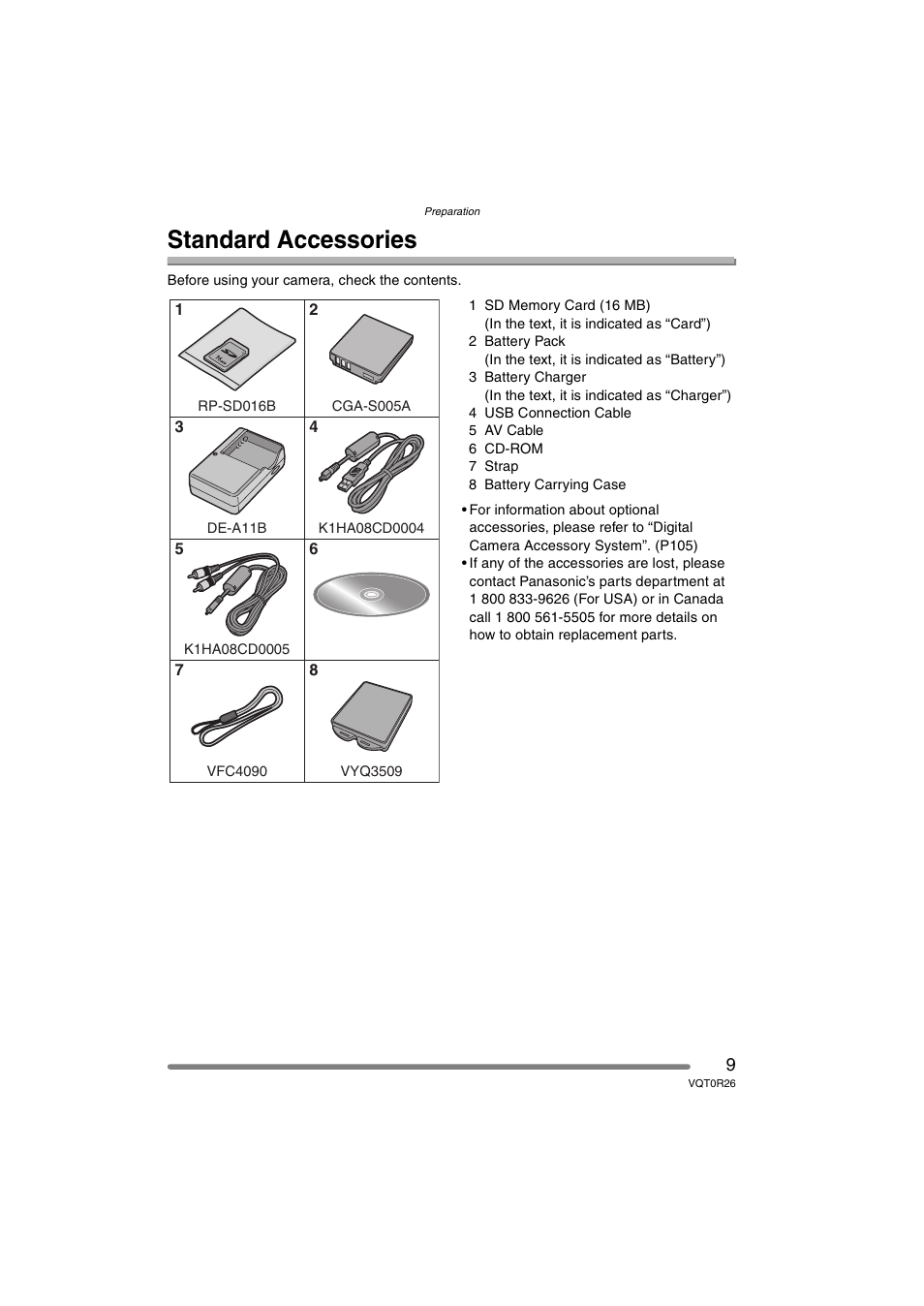 Preparation, Standard accessories | Panasonic DMC-FX8PP User Manual | Page 9 / 116