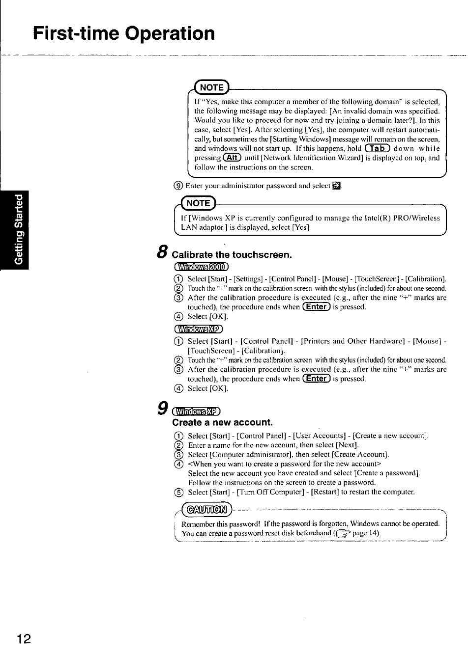 Calibrate the touchscreen, Twind^2000l, Twindo^xri | Windoi^xri, Create a new account, Eaiijiiion, First-time operation | Panasonic CF-18 User Manual | Page 12 / 44