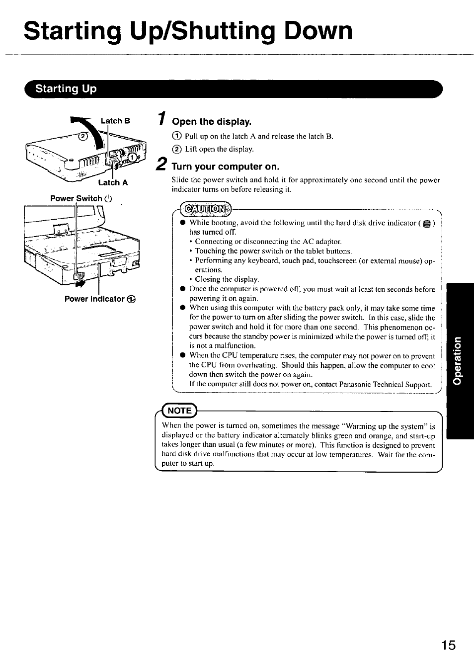 Starting up/shutting down, Starting up, Open the display | Turn your computer on | Panasonic CF-18 User Manual | Page 15 / 44